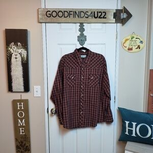 Wrangler Rancher Pearl Snap Western Red Plaid Long Sleeve Shirt Men's Large XL